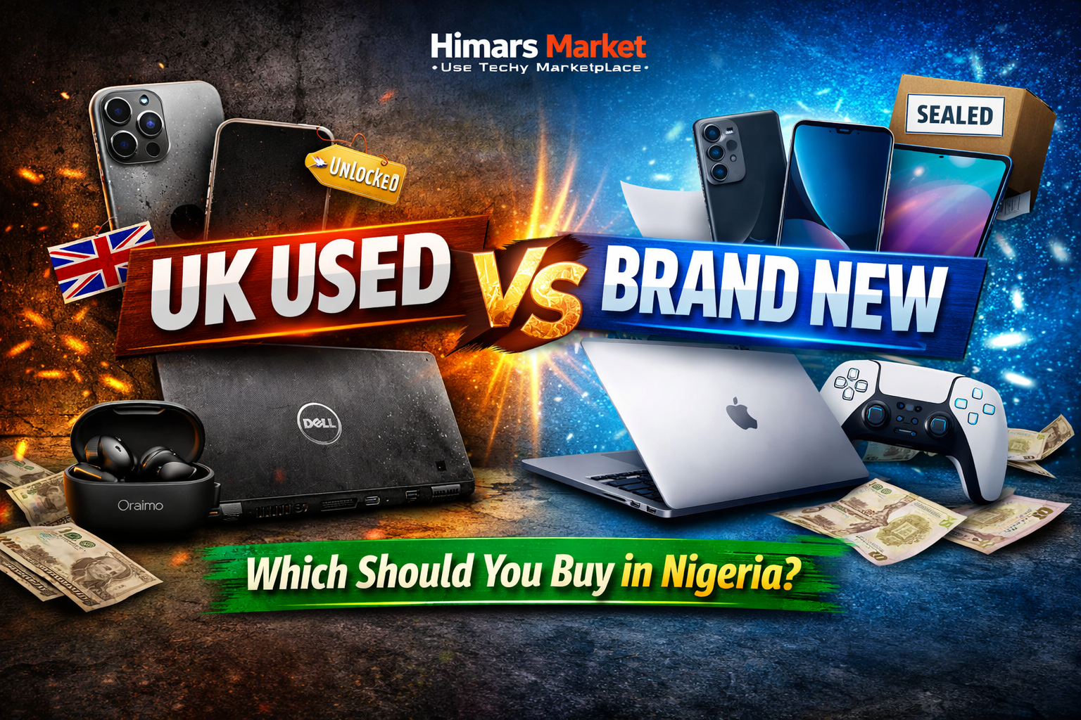 “UK Used vs Brand New Gadgets – Himars Market Techy Marketplace blog thumbnail showing smartphones, laptops, and accessories for Nigerian buyers”